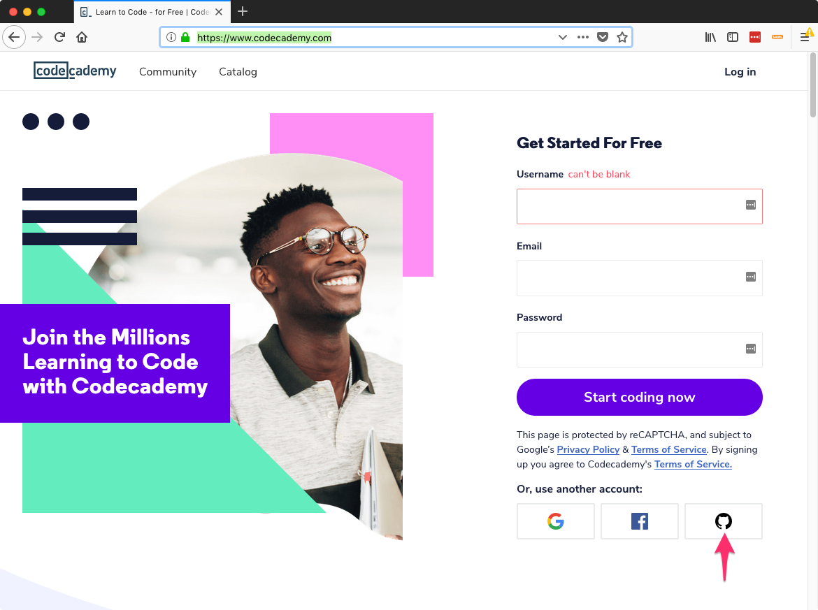 codecademy signup screenshot 1
