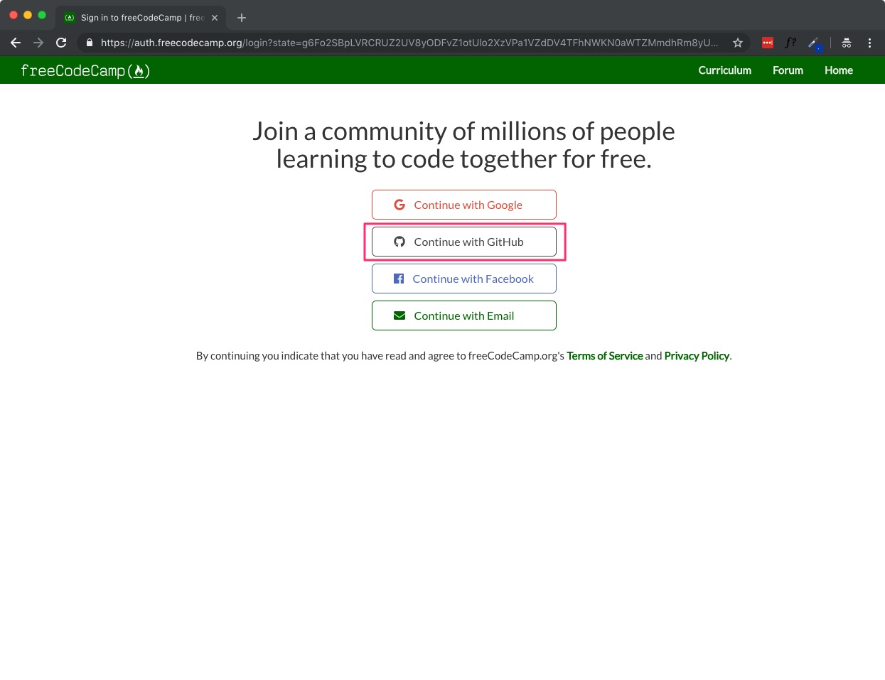 freeCodeCamp signup screenshot 1