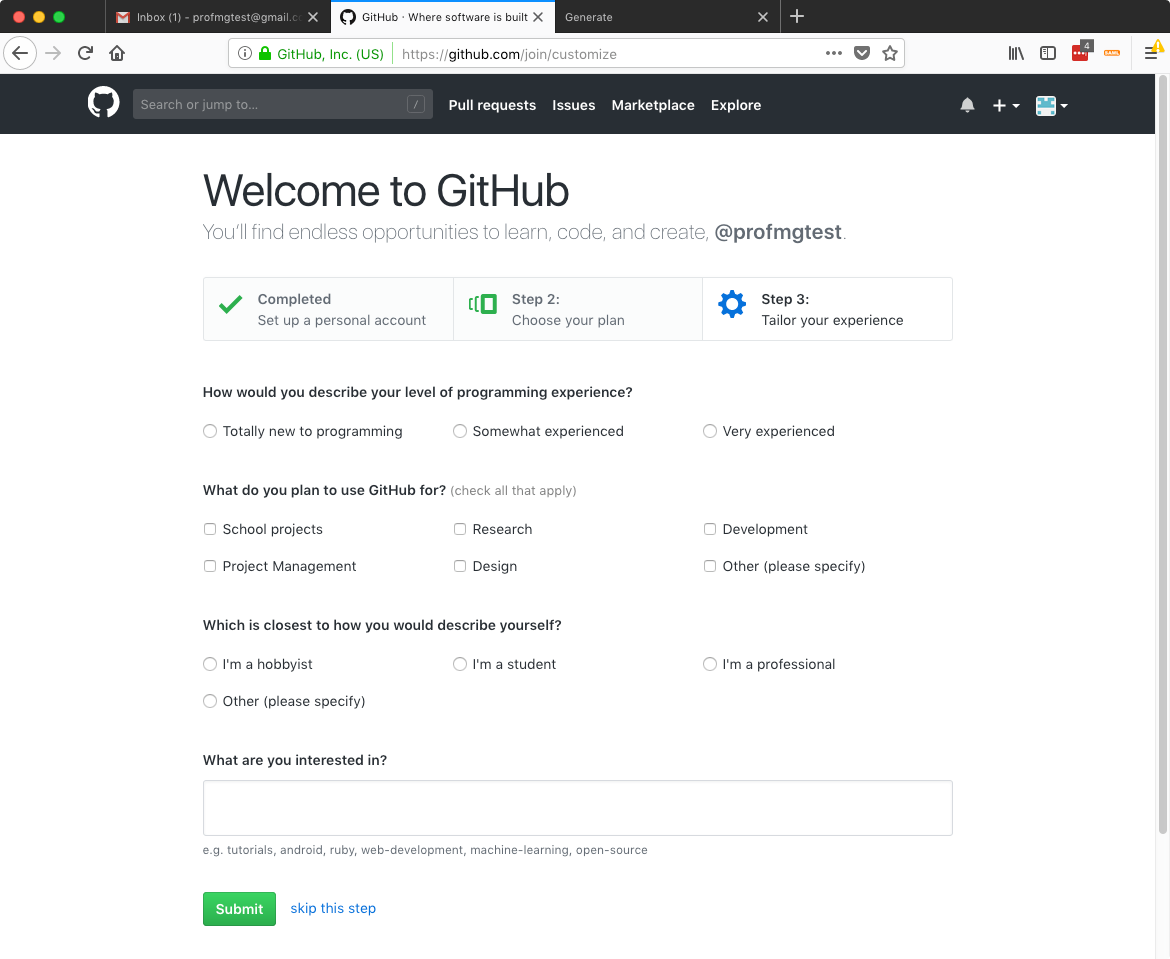 Github signup screenshot 2