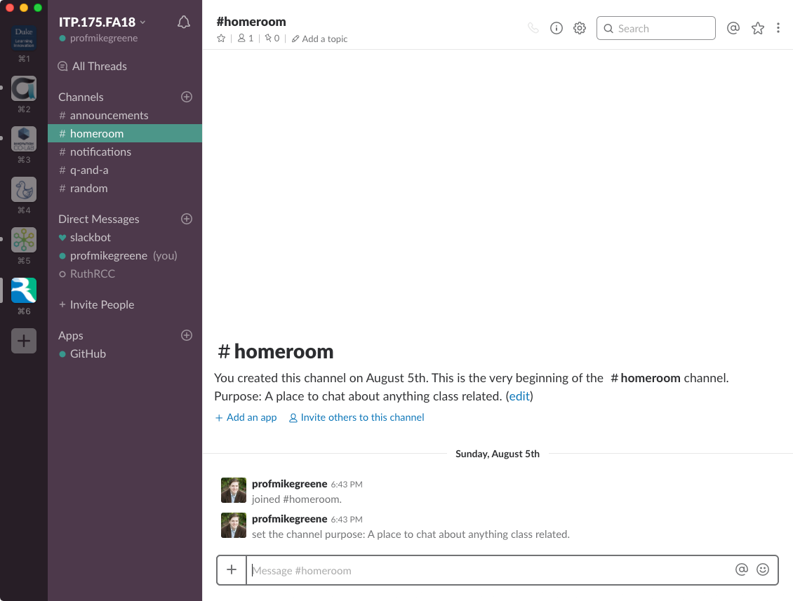 RCC Slack #homeroom screenshot